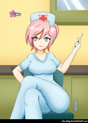 Size: 715x1000 | Tagged: safe, artist:clouddg, character:nurse redheart, my little pony:equestria girls, breasts, busty nurse redheart, chair, clothing, crossed legs, female, hat, hospital, human coloration, looking at you, nurse, nurse hat, scrubs (gear), sitting, solo, syringe