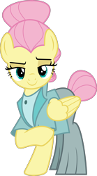 Size: 5003x9010 | Tagged: safe, artist:jhayarr23, character:fluttershy, species:pegasus, species:pony, episode:fake it 'til you make it, absurd resolution, alternate hairstyle, clothing, female, hair bun, jacket, looking at you, mare, pants, raised eyebrow, raised hoof, severeshy, shirt, simple background, smiling, solo, tail bun, transparent background, vector