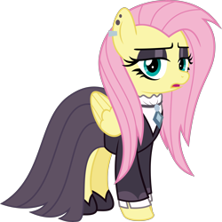 Size: 7268x7272 | Tagged: safe, artist:jhayarr23, character:fluttershy, species:pegasus, species:pony, episode:fake it 'til you make it, absurd resolution, alternate hairstyle, clothing, ear piercing, earring, eyeshadow, female, fluttergoth, goth, jacket, jewel, jewelry, looking at you, makeup, mare, necklace, piercing, ruffled shirt, simple background, slippers, solo, transparent background, vector