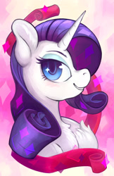 Size: 825x1275 | Tagged: safe, artist:hobbes-maxwell, character:rarity, species:pony, species:unicorn, bust, chest fluff, eyeshadow, female, looking at you, makeup, mare, solo