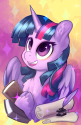 Size: 825x1275 | Tagged: safe, artist:hobbes-maxwell, character:twilight sparkle, character:twilight sparkle (alicorn), species:alicorn, species:pony, adorkable, book, cloven hooves, cute, dork, egghead, female, mare, open mouth, quill, scroll, smiling, solo, twiabetes, unshorn fetlocks