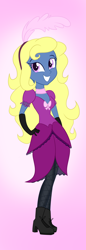 Size: 624x1824 | Tagged: source needed, useless source url, safe, artist:wubcakeva, oc, oc only, oc:azure/sapphire, my little pony:equestria girls, female, gradient background, looking at you, rule 63, saloon dress, smiling, solo