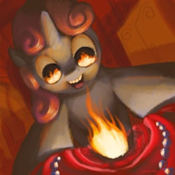 Size: 1575x1575 | Tagged: safe, artist:docwario, character:sweetie belle, species:pony, species:unicorn, arson, female, filly, fire, pyro belle, pyrokinesis, pyromaniac, smiling, solo, story included