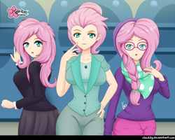 Size: 3300x2637 | Tagged: safe, artist:clouddg, character:fluttershy, episode:fake it 'til you make it, my little pony:equestria girls, alternate hairstyle, breasts, busty fluttershy, clothing, fluttergoth, glasses, goth, hipster, hipstershy, human coloration, looking at you, rarity for you, severeshy, valley girl
