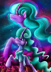 Size: 1024x1449 | Tagged: safe, artist:jamescorck, character:mistmane, species:pony, species:unicorn, derpibooru, episode:campfire tales, g4, my little pony: friendship is magic, age progression, clothing, curved horn, female, juxtaposition, mare, meta, night, raised hoof, smiling, stars