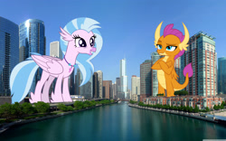 Size: 2880x1800 | Tagged: safe, artist:dashiesparkle, artist:theotterpony, character:silverstream, character:smolder, species:classical hippogriff, species:dragon, species:hippogriff, chicago, city, dragoness, female, giant dragon, giantess, illinois, irl, macro, photo, river, story in the source