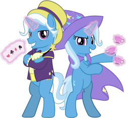 Size: 5051x4716 | Tagged: safe, artist:jhayarr23, character:jack pot, character:trixie, species:pony, species:unicorn, episode:grannies gone wild, g4, my little pony: friendship is magic, absurd resolution, bipedal, card, clothing, crossed arms, cup, father and daughter, female, glowing horn, hat, levitation, looking at you, magic, magic wand, male, mare, playing card, pose, simple background, smiling, smirk, stallion, teacup, telekinesis, that pony sure does love teacups, transparent background, vector