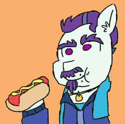 Size: 724x720 | Tagged: safe, artist:threetwotwo32232, character:mr. stripes, species:earth pony, species:pony, 30 minute art challenge, eating, food, hot dog, male, meat, sausage, solo