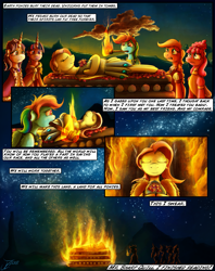 Size: 1935x2449 | Tagged: safe, artist:jamescorck, character:applejack, character:clover the clever, character:fluttershy, character:pinkie pie, character:rainbow dash, character:rarity, character:twilight sparkle, species:pony, comic:i will never leave you, chancellor puddinghead, comic, commander hurricane, death, fire, funeral pyre, grimdark series, mane six, mouth hold, night, princess platinum, private pansy, smart cookie, torch