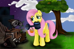 Size: 1000x667 | Tagged: safe, artist:jamescorck, character:fluttershy, boots, crossover, flower pot, mouth hold, pixar, robot, tree, wall-e, watering can