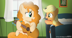 Size: 5771x3024 | Tagged: safe, artist:jhayarr23, character:applejack, character:bright mac, character:pear butter, bedroom, coco (disney movie), cute, disney, feels, female, filly, filly applejack, guitar, jackabetes, lyrics in the description, mother and daughter, pearabetes, picture frame, pixar, remember me, show accurate, vector, wallpaper, younger
