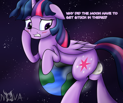 Size: 1800x1500 | Tagged: safe, artist:novaspark, character:twilight sparkle, character:twilight sparkle (alicorn), species:alicorn, species:pony, blushing, dialogue, earth, embarrassed, female, floppy ears, giant pony, macro, mare, moon, planet, plot, pony bigger than a planet, solo, space