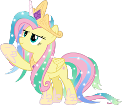 Size: 5237x4533 | Tagged: safe, artist:jhayarr23, character:fluttershy, species:pegasus, species:pony, episode:horse play, g4, my little pony: friendship is magic, absurd resolution, acting, best princess, celestia costume, celestia's crown, clothing, cosplay, costume, crown, fake horn, female, jewelry, mare, raised hoof, regalia, roleplay, shylestia, simple background, transparent background, vector