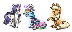 Size: 1600x716 | Tagged: safe, artist:king-kakapo, character:applejack, character:rainbow dash, character:rarity, species:earth pony, species:pegasus, species:pony, species:unicorn, blushing, clothing, dress, embarrassed, female, glasses, hat, horn, magic, mare, measuring tape, model, modeling, rainbow dash always dresses in style, rarity's glasses, sitting, telekinesis, tomboy taming, trio, unshorn fetlocks