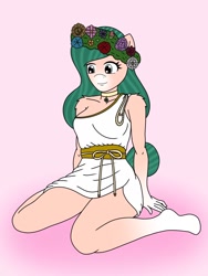 Size: 900x1200 | Tagged: safe, artist:linedraweer, oc, oc:lady gaia, species:anthro, anthro oc, clothing, female, floral head wreath, flower, flower in hair, kneeling, sitting, solo, toga