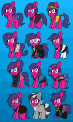 Size: 1224x2031 | Tagged: safe, artist:threetwotwo32232, oc, oc:bandy cyoot, oc:fizzy pop, species:pony, species:unicorn, 3d glasses, alternate hairstyle, bread, clothing, dress, food, fursuit, glasses, hoodie, one-piece swimsuit, pants, persona, persona 4, school uniform, shorts, solo, swimsuit, toast, wet mane, yoga pants