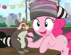 Size: 900x697 | Tagged: safe, artist:pixelkitties, character:pinkie pie, clothing, coonskin cap, hat, raccoon, raccoon hat, regular show, rigby, softpad