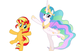 Size: 1557x1024 | Tagged: safe, artist:jhayarr23, edit, character:princess celestia, character:sunset shimmer, species:alicorn, species:pony, species:unicorn, episode:horse play, equestria girls:mirror magic, g4, my little pony: equestria girls, my little pony: friendship is magic, my little pony:equestria girls, spoiler:eqg specials, bipedal, cute, cutelestia, dancing, duo, female, looking at you, mare, shimmerbetes, sillestia, silly, silly pony, simple background, smiling, transparent background, vector