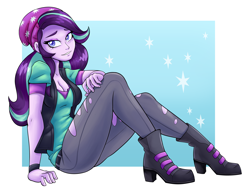 Size: 3300x2550 | Tagged: safe, artist:ambris, patreon reward, character:starlight glimmer, equestria girls:mirror magic, g4, my little pony: equestria girls, my little pony:equestria girls, spoiler:eqg specials, beanie, boots, bracelet, breasts, busty starlight glimmer, cleavage, clothing, cute, digital art, female, glimmerbetes, hat, high res, looking at you, patreon, pinup, shoes, sitting, smiling, solo