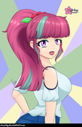 Size: 646x1000 | Tagged: safe, artist:clouddg, character:sour sweet, my little pony:equestria girls, breasts, busty sour sweet, clothing, female, human coloration, looking at you, open mouth, shorts, signature, solo