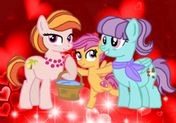 Size: 400x279 | Tagged: safe, artist:odscene, artist:pixelkitties, character:aunt holiday, character:auntie lofty, character:scootaloo, species:earth pony, species:pegasus, species:pony, ship:lofty day, artist interpretation, basket, female, filly, lesbian, looking at you, mare, shipping, smiling, trace
