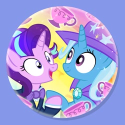 Size: 800x801 | Tagged: safe, artist:pixelkitties, character:starlight glimmer, character:trixie, species:pony, species:unicorn, ship:startrix, button, cape, clothing, cute, female, hat, lesbian, magic, shipping, suit, teacup, that pony sure does love teacups, trixie's cape, trixie's hat, tuxedo