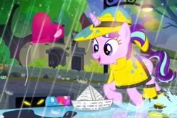 Size: 1200x800 | Tagged: safe, artist:pixelkitties, character:starlight glimmer, species:pony, species:unicorn, episode:the cutie re-mark, balloon, female, filly, filly starlight glimmer, it, night, paper boat, parody, pennywise, rain, raincoat, script, storm drain, this will end in death, this will end in tears and/or death, this will not end well, too dumb to live, younger