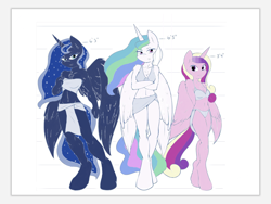 Size: 2048x1536 | Tagged: safe, artist:ambris, artist:hayburgers, edit, character:princess cadance, character:princess celestia, character:princess luna, species:alicorn, species:anthro, species:pony, species:unguligrade anthro, alicorn triarchy, alicorns only, breasts, busty princess cadance, busty princess celestia, busty princess luna, cleavage, clothing, crossed arms, female, height scale, looking at you, mare, size chart, size comparison, trio