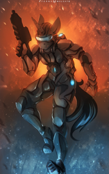 Size: 753x1200 | Tagged: safe, artist:foxinshadow, oc, oc only, species:anthro, species:pony, species:unicorn, anthro oc, armor, commission, gun, male, solo, stallion, weapon
