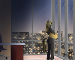 Size: 1557x1246 | Tagged: safe, artist:jc_bbqueen, oc, oc:golden delicious, species:anthro, species:earth pony, species:pony, anthro oc, clothing, female, folder, mare, smiling, solo, story in the source, window
