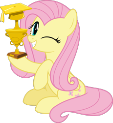 Size: 5033x5439 | Tagged: safe, artist:jhayarr23, character:fluttershy, species:pegasus, species:pony, episode:non-compete clause, episode:teacher of the month, g4, my little pony: friendship is magic, absurd resolution, cute, female, mare, one eye closed, shyabetes, simple background, solo, transparent background, trophy, vector, wink