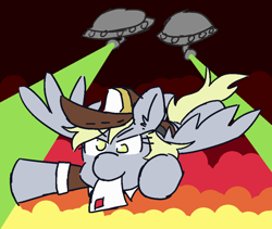 Size: 950x800 | Tagged: safe, artist:threetwotwo32232, character:derpy hooves, oc, species:pony, 30 minute art challenge, epic derpy, female, flying, laser, letter, postmare, solo, ufo