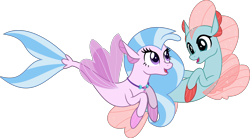 Size: 5679x3133 | Tagged: safe, artist:jhayarr23, character:ocellus, character:silverstream, species:changeling, species:reformed changeling, species:seapony (g4), episode:non-compete clause, g4, my little pony: friendship is magic, cute, diaocelles, diastreamies, disguise, disguised changeling, duo, female, fin wings, fins, jewelry, necklace, sea ponies, seaponified, seapony ocellus, seashell necklace, simple background, smiling, species swap, transparent background, vector