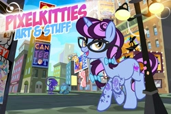 Size: 1000x667 | Tagged: safe, artist:pixelkitties, character:ms. harshwhinny, character:princess celestia, oc, oc only, oc:pixelkitties, oc:pixsolo, species:pony, species:unicorn, alien, alien (franchise), bridleway, crossover, female, glasses, manehattan, mare, obey, robot, xenomorph