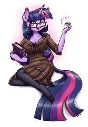 Size: 1112x1600 | Tagged: safe, artist:king-kakapo, character:twilight sparkle, character:twilight sparkle (unicorn), species:anthro, species:pony, species:unguligrade anthro, species:unicorn, book, clothing, dress, female, glasses, high heels, mare, pantyhose, shoes, simple background, socks, solo, stockings, thigh highs, white background