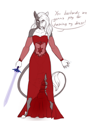 Size: 1492x1997 | Tagged: safe, artist:jc_bbqueen, oc, oc only, oc:daniel dasher, species:anthro, species:dracony, species:pony, species:unguligrade anthro, angry, clothing, colored sketch, crossdressing, dialogue, dress, fangs, hybrid, leonine tail, looking at you, male, red dress, simple background, solo, speech bubble, stallion, sword, torn clothes, weapon, white background