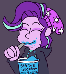Size: 650x730 | Tagged: safe, artist:threetwotwo32232, character:starlight glimmer, my little pony:equestria girls, 30 minute art challenge, beanie, clothing, cute, female, food, glimmerbetes, hat, hoodie, ice cream, messy eating, solo, that human sure does love ice cream