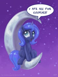 Size: 750x1000 | Tagged: safe, artist:kp-shadowsquirrel, character:princess luna, species:alicorn, species:pony, crescent moon, female, filly, happy, moon, open mouth, sitting, smiling, solo, tangible heavenly object, woona, younger