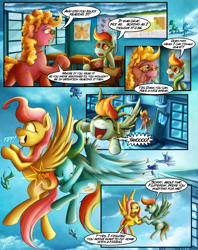 Size: 1935x2449 | Tagged: safe, artist:jamescorck, character:fluttershy, character:rainbow dash, oc, species:earth pony, species:pony, comic:i will never leave you, book, cloud, comic, female, filly, filly fluttershy, filly rainbow dash, flying, glasses, grimdark series, mare, younger