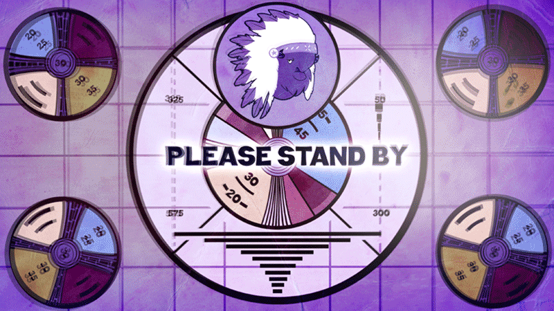 Size: 800x450 | Tagged: safe, artist:pixelkitties, character:chief thunderhooves, species:buffalo, animated, fallout, fallout 76, indian head test pattern, male, please stand by, solo