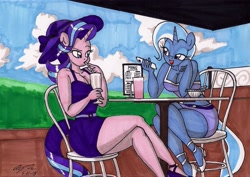 Size: 1934x1369 | Tagged: safe, artist:newyorkx3, character:starlight glimmer, character:trixie, species:anthro, species:pony, species:unicorn, beautiful, belt, chair, clothing, crossed legs, dress, drink, duo, duo female, female, hat, high heels, legs, miniskirt, moe, phone, raised eyebrow, shoes, short skirt, skirt, straw, table, thighs