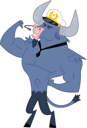 Size: 6400x9392 | Tagged: safe, artist:parclytaxel, character:iron will, species:minotaur, episode:once upon a zeppelin, g4, my little pony: friendship is magic, .svg available, absurd resolution, captain hat, eyes closed, flexing, male, nose piercing, nose ring, piercing, pointing, pointing at self, simple background, solo, transparent background, vector