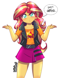 Size: 1500x2000 | Tagged: safe, artist:danmakuman, character:sunset shimmer, g4, my little pony: equestria girls, my little pony:equestria girls, clothing, cute, dialogue, female, jacket, leather jacket, leather vest, looking at you, miniskirt, moe, shrug, shrugset shimmer, simple background, skirt, solo, speech bubble, thighs, transparent background, vulgar
