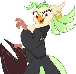 Size: 5000x4882 | Tagged: safe, artist:dashiesparkle, character:captain celaeno, species:anthro, species:parrot, my little pony: the movie (2017), .svg available, absurd resolution, beauty mark, clothing, ear piercing, earring, female, hat, open mouth, piercing, pirate hat, semi-anthro, simple background, solo, storm king's messenger outfit, time to be awesome, transparent background, vector