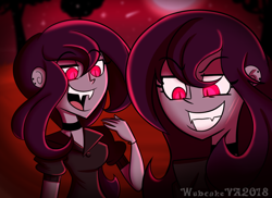 Size: 1000x729 | Tagged: safe, artist:wubcakeva, oc, oc only, oc:genie, oc:gypsy, my little pony:equestria girls, blood moon, clothing, dark background, equestria girls-ified, fangs, moon, open mouth, red eyes, tree, twin sisters