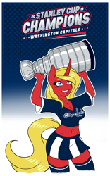 Size: 513x824 | Tagged: safe, artist:ambris, oc, oc:scarlet rose, species:anthro, species:pony, species:unicorn, anthro oc, belly button, blonde, blue eyes, clothing, female, hockey, ice hockey, midriff, muscular female, nhl, short shirt, skirt, solo, sports, stanley cup, stanley cup finals, trophy, washington capitals, zettai ryouiki