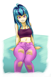 Size: 2304x3444 | Tagged: safe, artist:ambris, artist:joestart, edit, character:sonata dusk, my little pony:equestria girls, belly button, clothing, color edit, colored, cute, female, high res, hips, jeans, light skin, looking at you, midriff, pants, sitting, solo, sonatabetes, tattered, thighs, tube top, upscaled