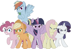 Size: 5303x3684 | Tagged: safe, artist:jhayarr23, character:applejack, character:fluttershy, character:mean applejack, character:mean fluttershy, character:mean pinkie pie, character:mean rainbow dash, character:mean rarity, character:mean twilight sparkle, character:pinkie pie, character:rainbow dash, character:rarity, character:twilight sparkle, species:alicorn, species:earth pony, species:pegasus, species:pony, species:unicorn, episode:the mean 6, g4, my little pony: friendship is magic, clone, clone six, cutie mark, dummy, evil applejack, evil fluttershy, evil grin, evil pinkie pie, evil rainbow dash, evil rarity, evil twilight, female, grin, looking at you, mane six, mare, simple background, smiling, transparent background, vector