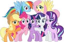 Size: 5512x3612 | Tagged: safe, artist:jhayarr23, character:applejack, character:fluttershy, character:pinkie pie, character:rainbow dash, character:rarity, character:starlight glimmer, character:twilight sparkle, character:twilight sparkle (alicorn), species:alicorn, species:earth pony, species:pegasus, species:pony, species:unicorn, episode:the mean 6, g4, my little pony: friendship is magic, applejack's hat, bipedal, c:, clothing, cowboy hat, cute, cutie mark, female, flying, grin, hat, hug, lidded eyes, looking at you, mane six, mare, open mouth, raised hoof, simple background, smiling, spread wings, transparent background, vector, wide eyes, wings