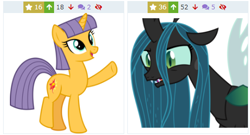 Size: 481x259 | Tagged: safe, artist:parclytaxel, artist:sketchmcreations, character:maud pie, character:queen chrysalis, character:sunset shimmer, species:changeling, species:pony, species:unicorn, derpibooru, episode:the mean 6, g4, my little pony: friendship is magic, .svg available, annoyed, changeling queen, female, juxtaposition, looking up, mane swap, mare, meta, open mouth, pointing, raised leg, simple background, smiling, transparent background, vector, wat